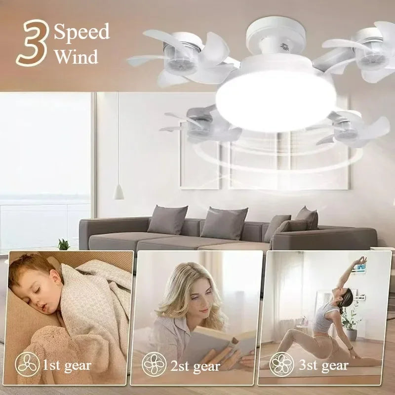 Drone-Design Silent Ceiling Fan Light | Dimmable 3-Color LED & E27 Base with Remote Control