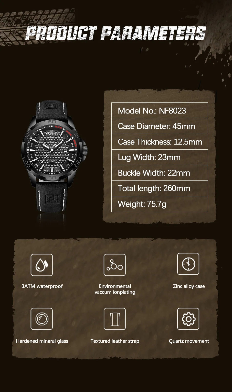 Waterproof Sport Watch with Genuine Leather Strap