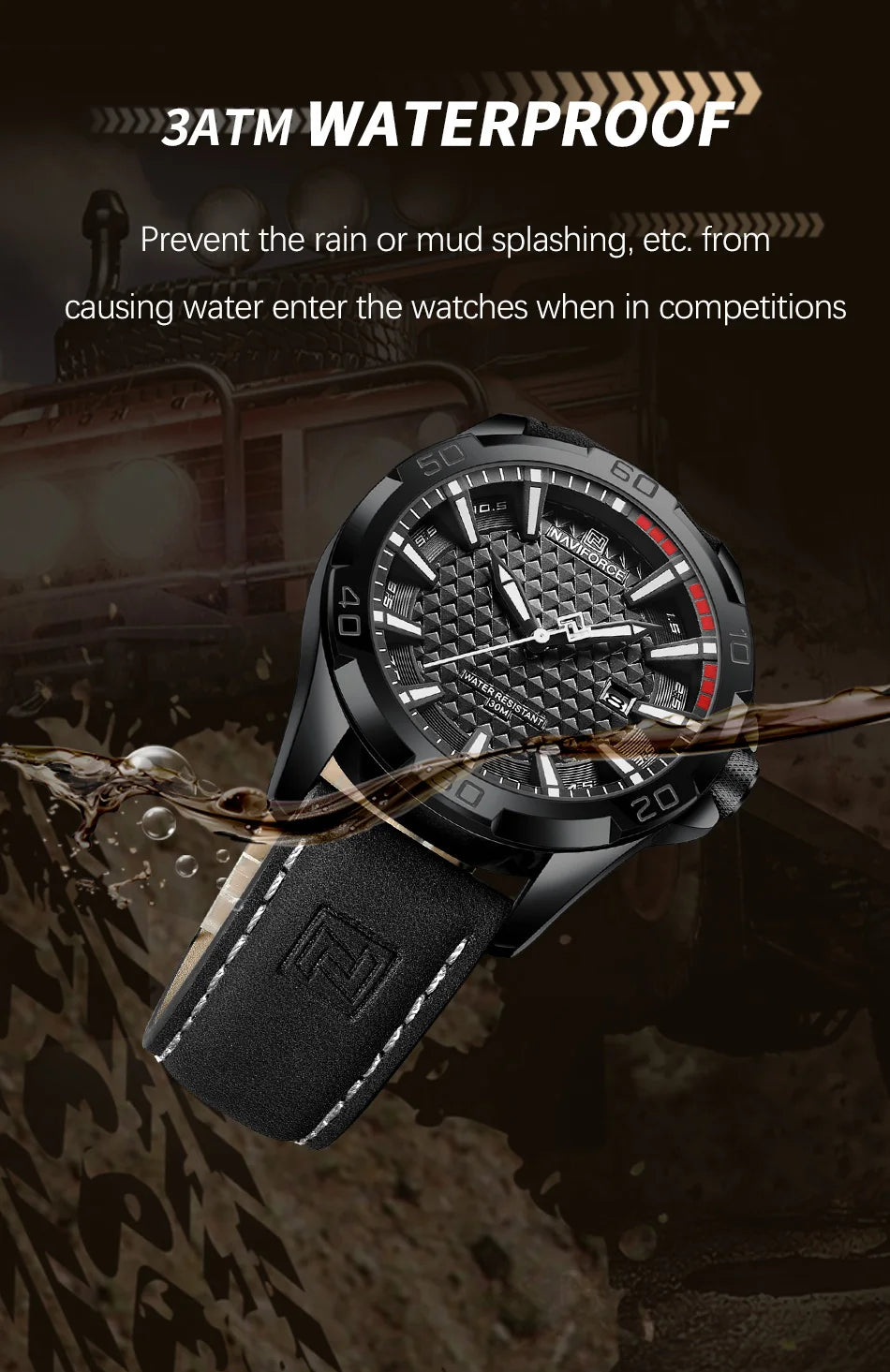 Waterproof Sport Watch with Genuine Leather Strap