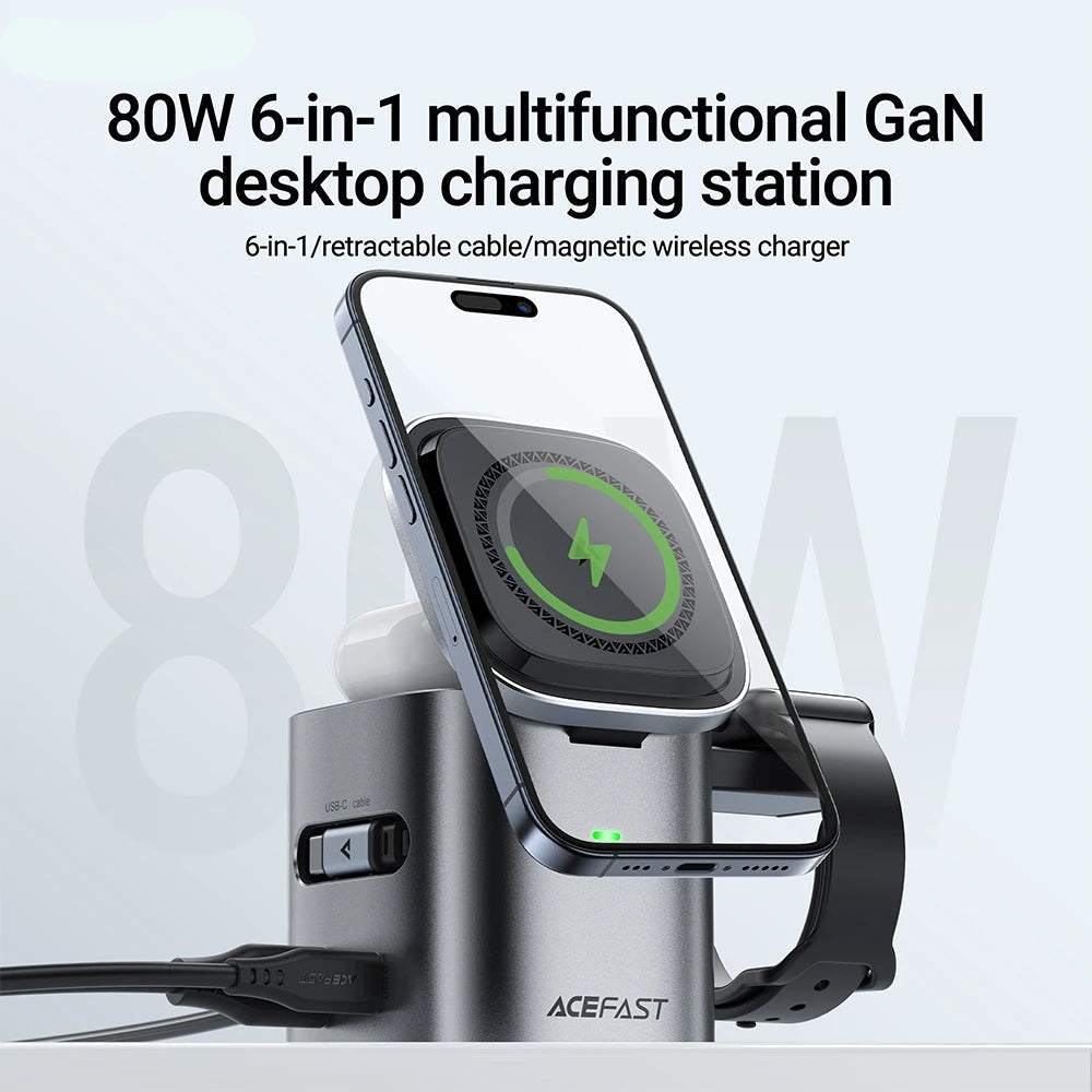 6-in-1 Desktop Power Hub: 15W Magnetic Wireless + PD65W Fast Charge