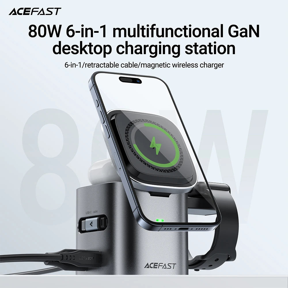 ACEFAST 6-in-1 Desktop Power Hub: 15W Magnetic Wireless + PD65W Fast Charge