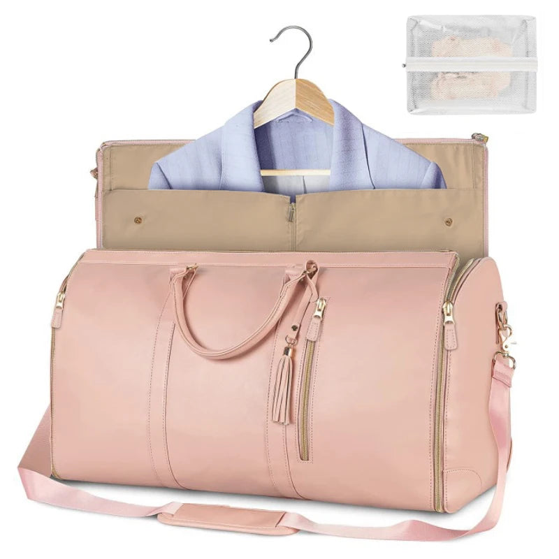 The 2-in-1 Carry-On Suit Bag: Foldable Vegan Leather Weekender for Women