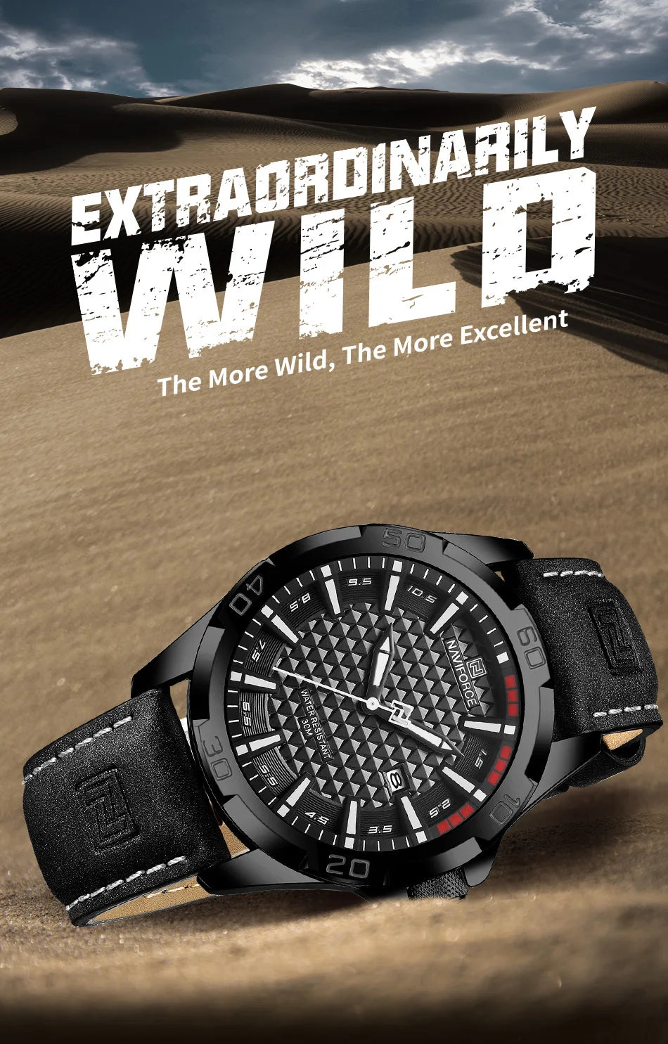 Waterproof Sport Watch with Genuine Leather Strap