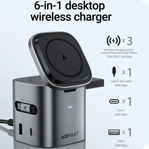 6-in-1 Desktop Power Hub: 15W Magnetic Wireless + PD65W Fast Charge
