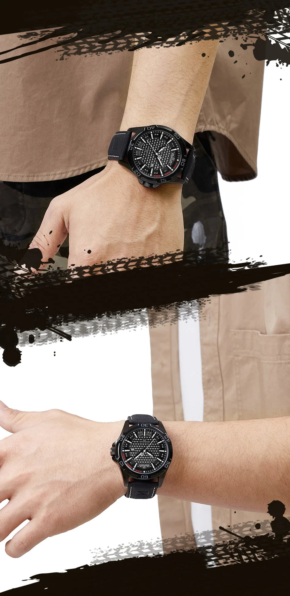 Waterproof Sport Watch with Genuine Leather Strap