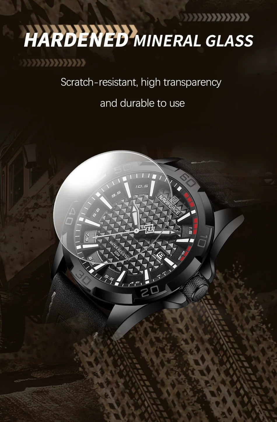 Waterproof Sport Watch with Genuine Leather Strap